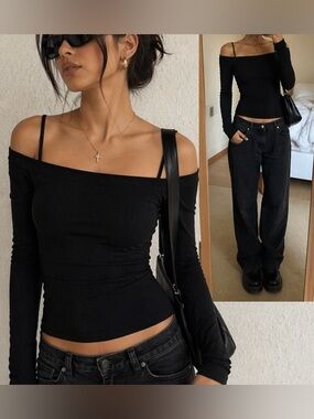 Helmut Lang Off Shoulder Black Stretch Top XS Minimalist Long Sleeve Going Out